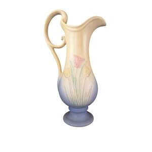 Hull USA Pottery Sunray Tulip Pitcher 101-L Vintage Art Deco Blue Yellow‎ Cream